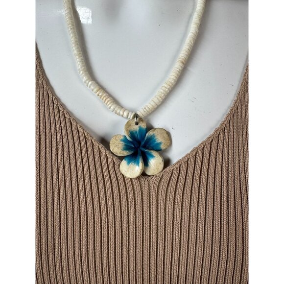 Vintage Shell & Bead Necklace With Hand-Painted Blue Floral Pendant - Picture 14 of 16
